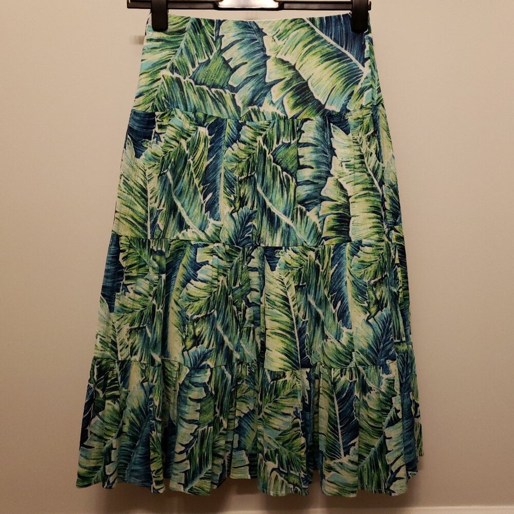 Chaps Petite Palm Print Tiered Cotton Maxi Lined Skirt
